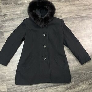 Sachi Collection Black Cashmere Blend women's Coat Size PL  Finland Fox Fur Trim